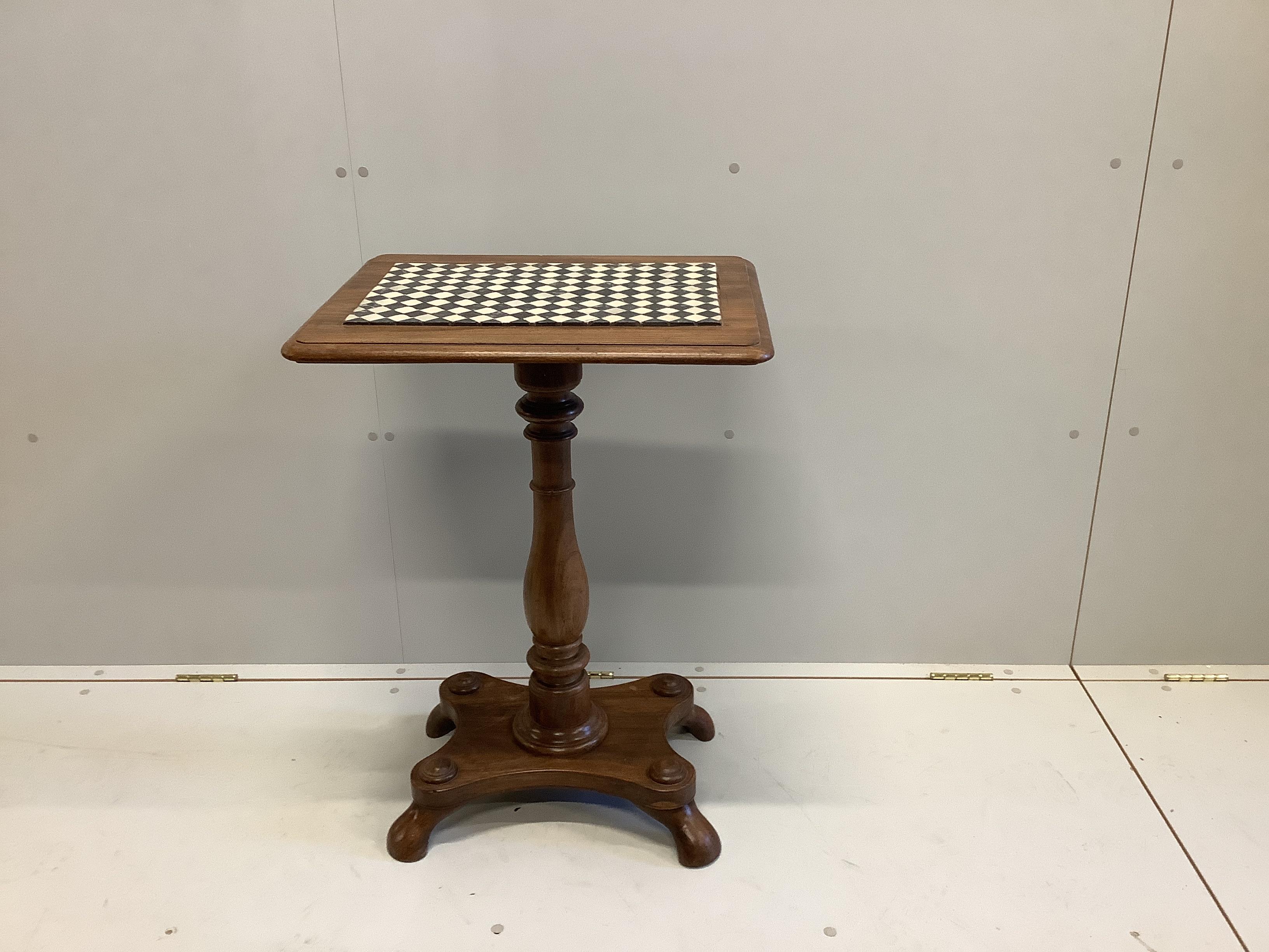 A Victorian rectangular mahogany centre table with a chequer marble inset top, width 57cm, depth 45cm, height 77cm